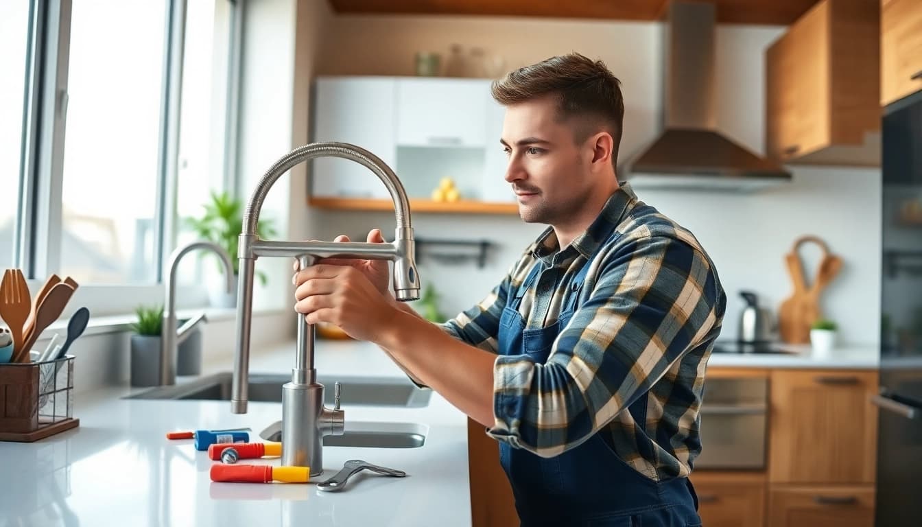 Hiring a plumber near me to fix a leaky faucet in a modern kitchen setup.