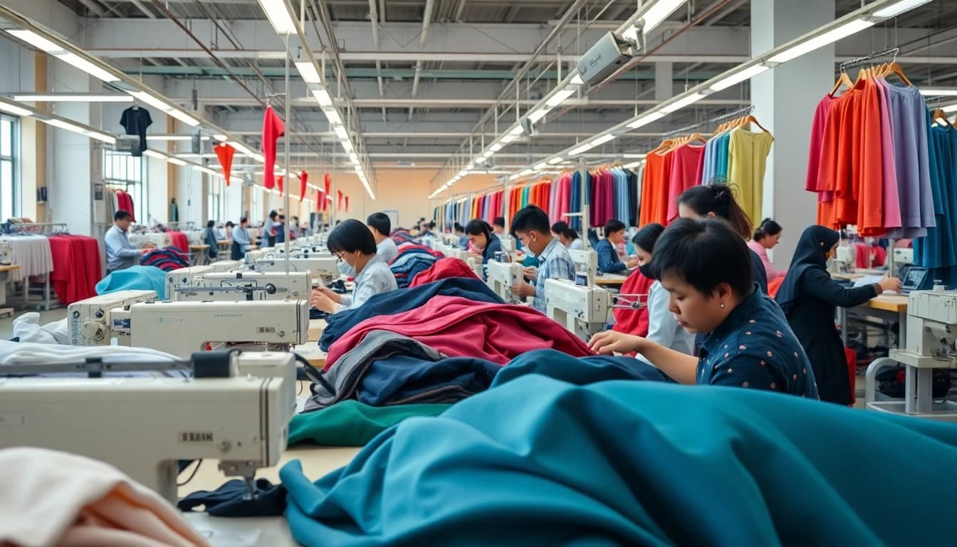 Workers engaged in Manufacturing Clothing in China at a busy textile factory.