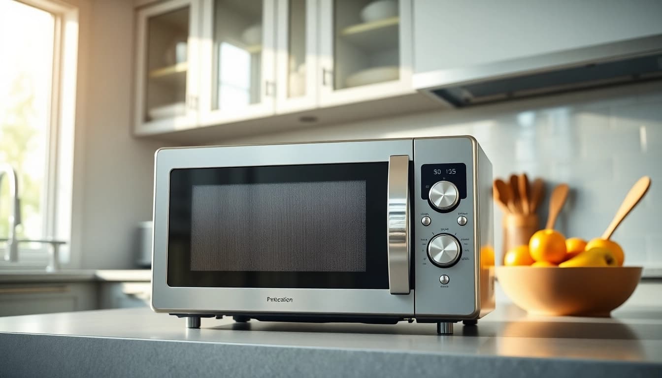 Highlighting a contemporary microwave oven on a kitchen countertop with a sleek design.