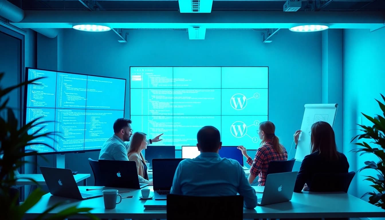 Engaged professionals in wordpress development outsourcing project, showcasing modern collaboration.