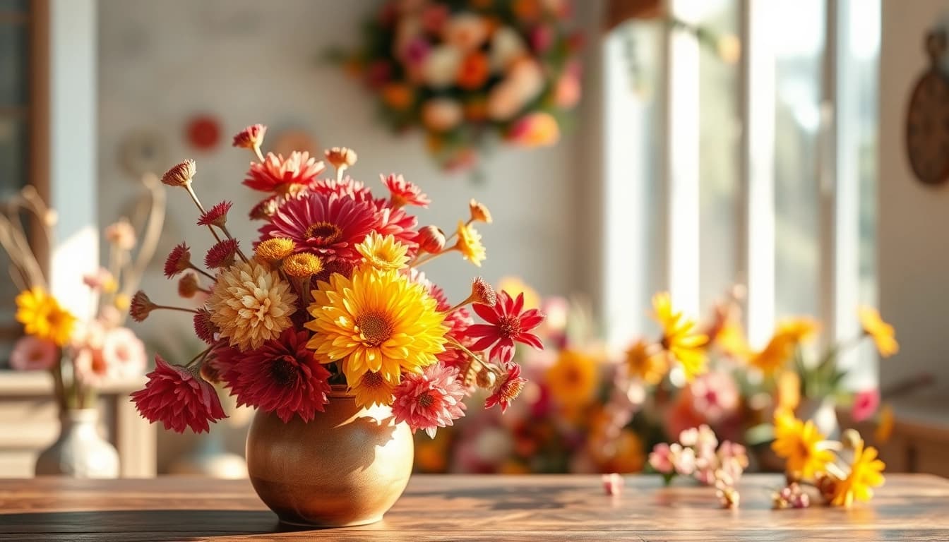 Dried Blooms beautifully arranged in a rustic vase on a wooden table.