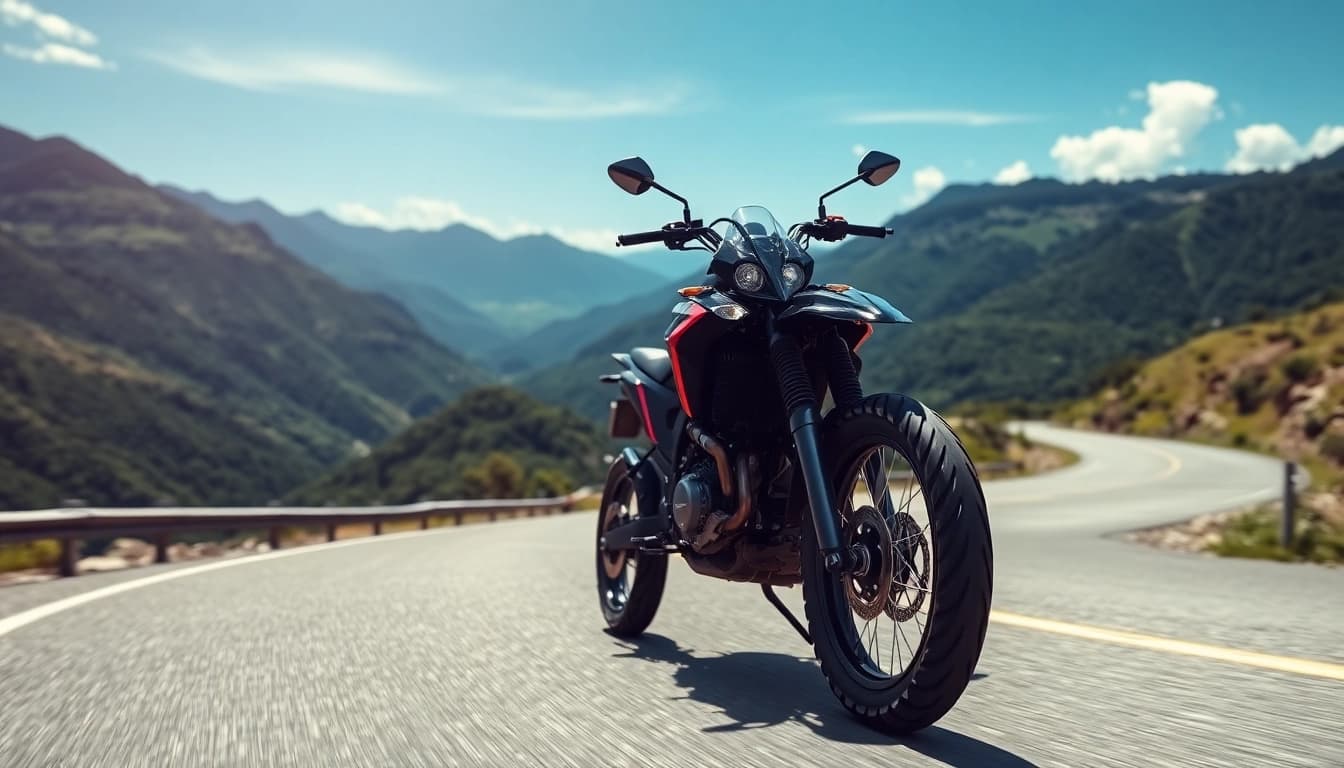 Action shot of a dual sport street legal motorcycle navigating a mountain road with vibrant scenery.