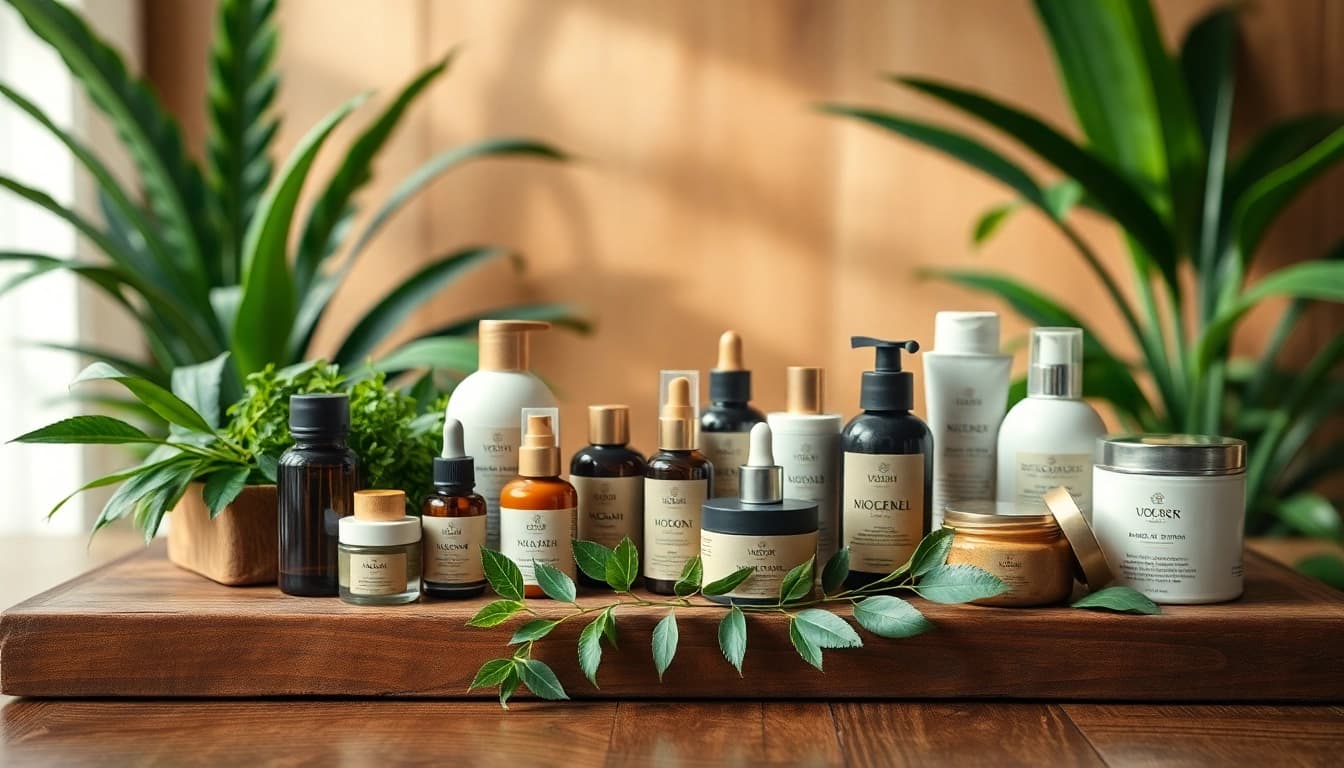 Naturali kosmetika išdėstyta ant medinio stalo, supamoje žalumos, elegantiškame SPA aplinkoje.