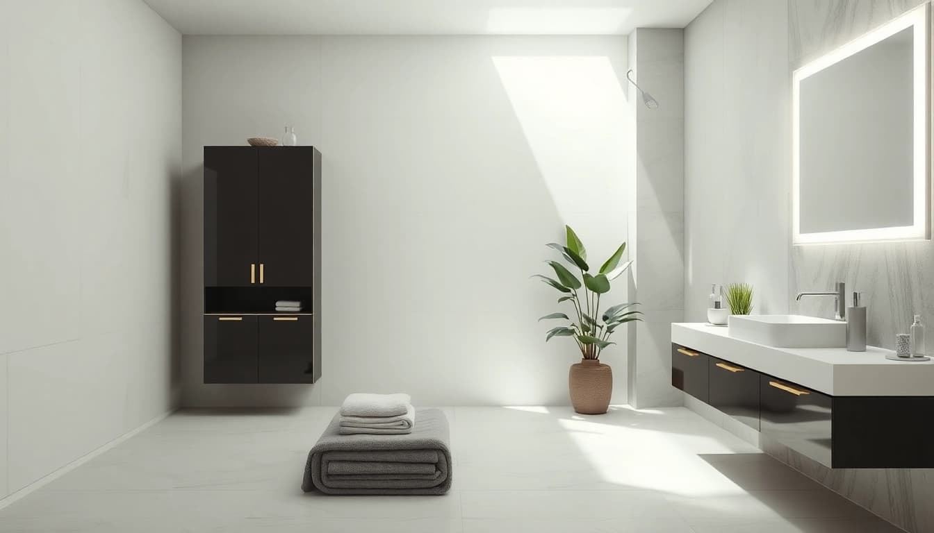 Showcasing elegant illuminated bathroom cabinets with modern design and bright ambiance.
