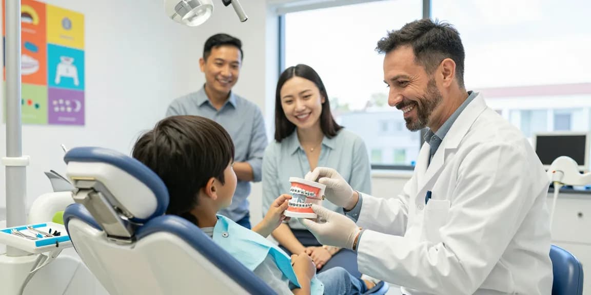 Early orthodontic care with Child and orthodontist discussing Adult orthodontics Hawthorn benefits in a welcoming clinic.