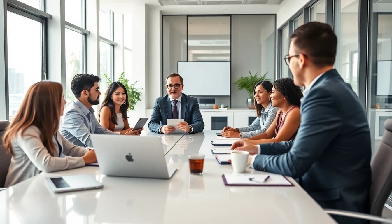 Dynamic business coach Los Angeles leading a strategy session with diverse entrepreneurs in a modern office.