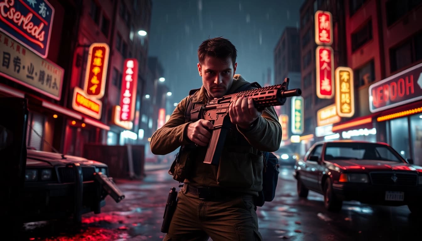 Hero engaging in action-packed scene from a Clean action thriller amidst a dark, urban backdrop.