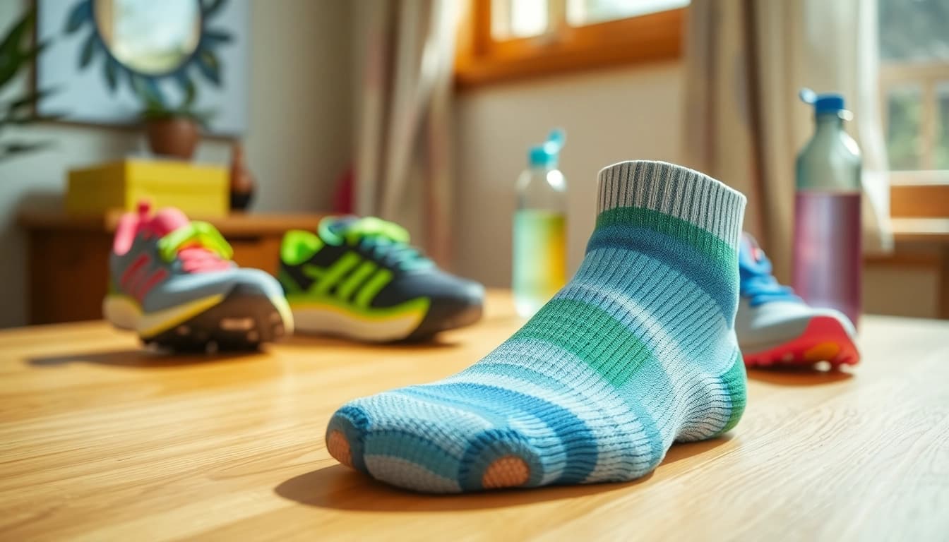Cushioned running socks showcased with running accessories on a wooden table, highlighting comfort.