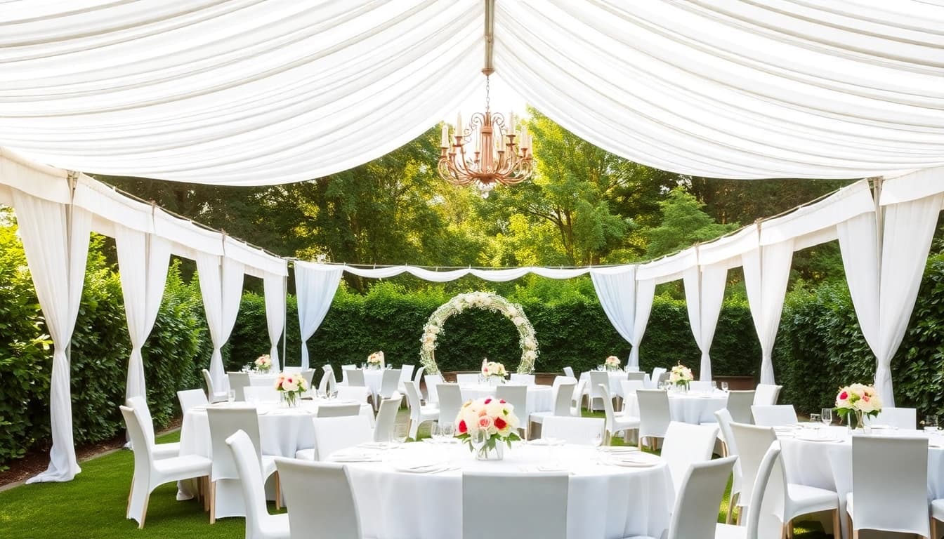 Showcasing Wedding Tent Chair & Table Rentals in a beautiful outdoor setting with elegant arrangements.