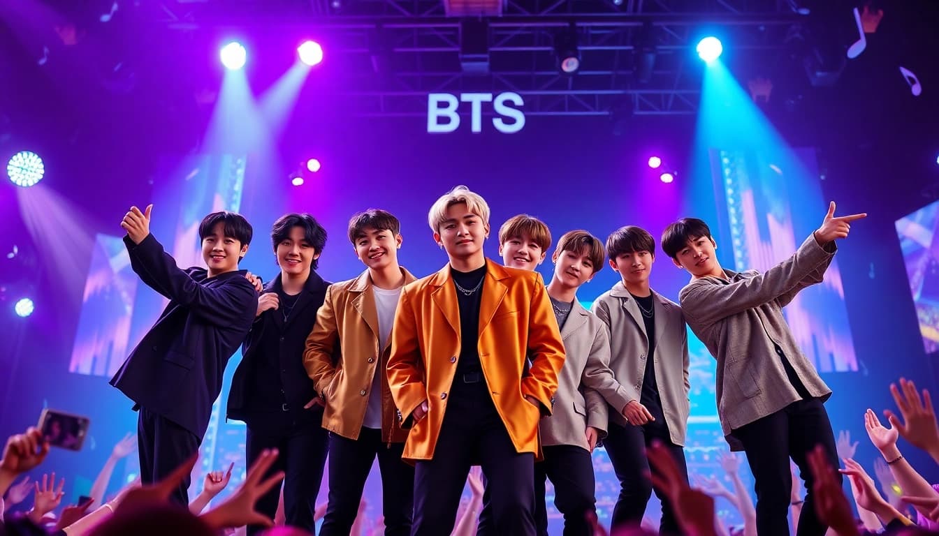 Engaging visual representation of BTS news featuring the seven members in a vibrant concert setting.