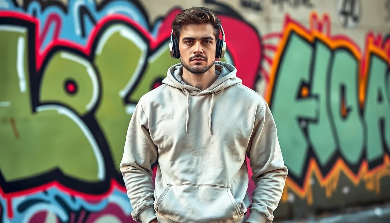 Stylish model wearing high quality blank hoodies in an urban environment featuring vibrant street art.