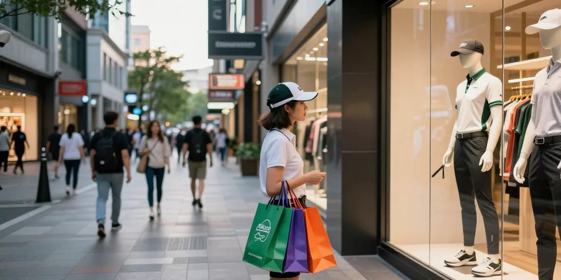 Shopping for stylish 골프웨어 레플리카 in urban fashion scene with colorful bags and trendy storefronts.