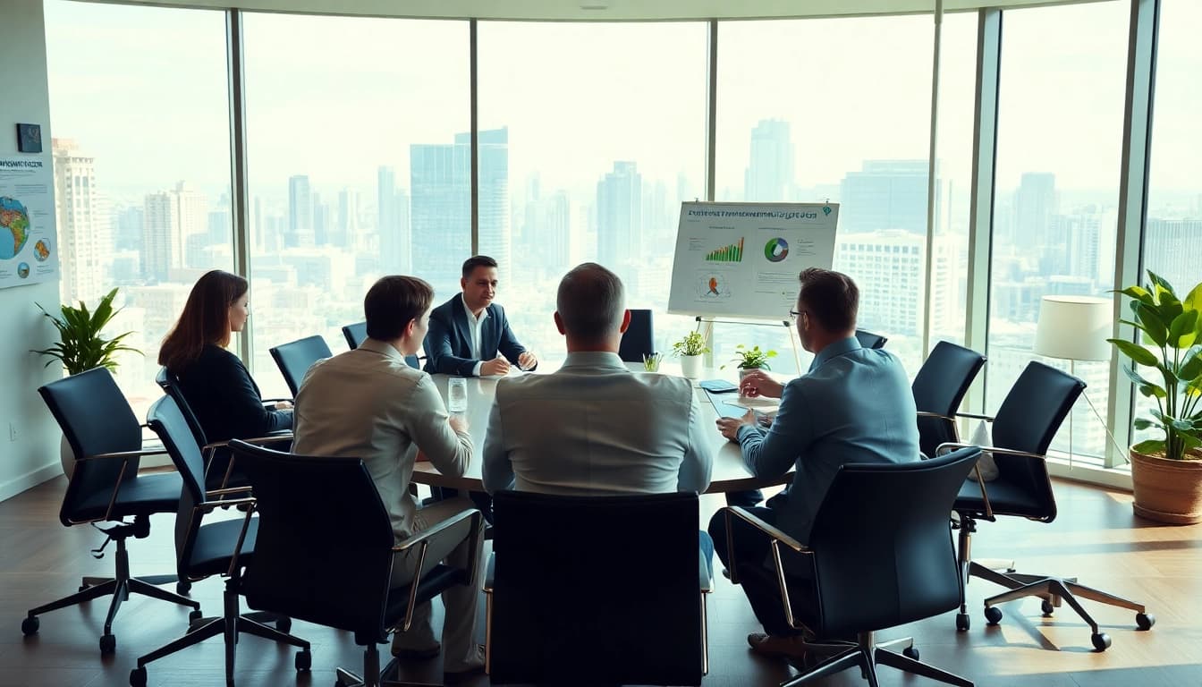 Team at an environmental law firm discussing strategies for sustainable practices.