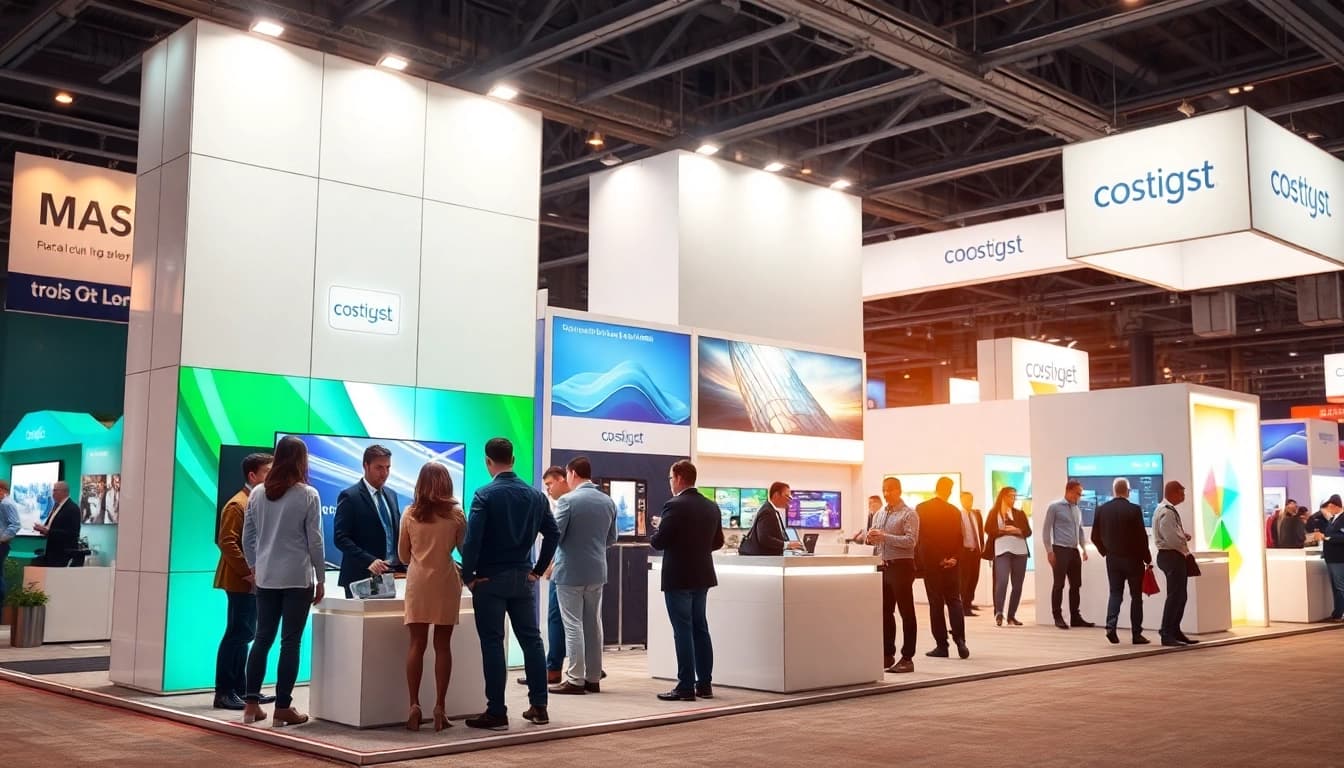 Showcasing an engaging trade show booth with vibrant graphics and diverse attendees interacting.