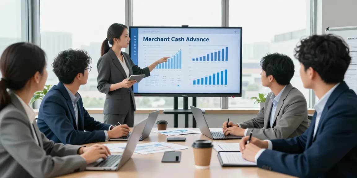 Business collaboration scene with professionals discussing instant merchant cash advance strategies in a bright office.