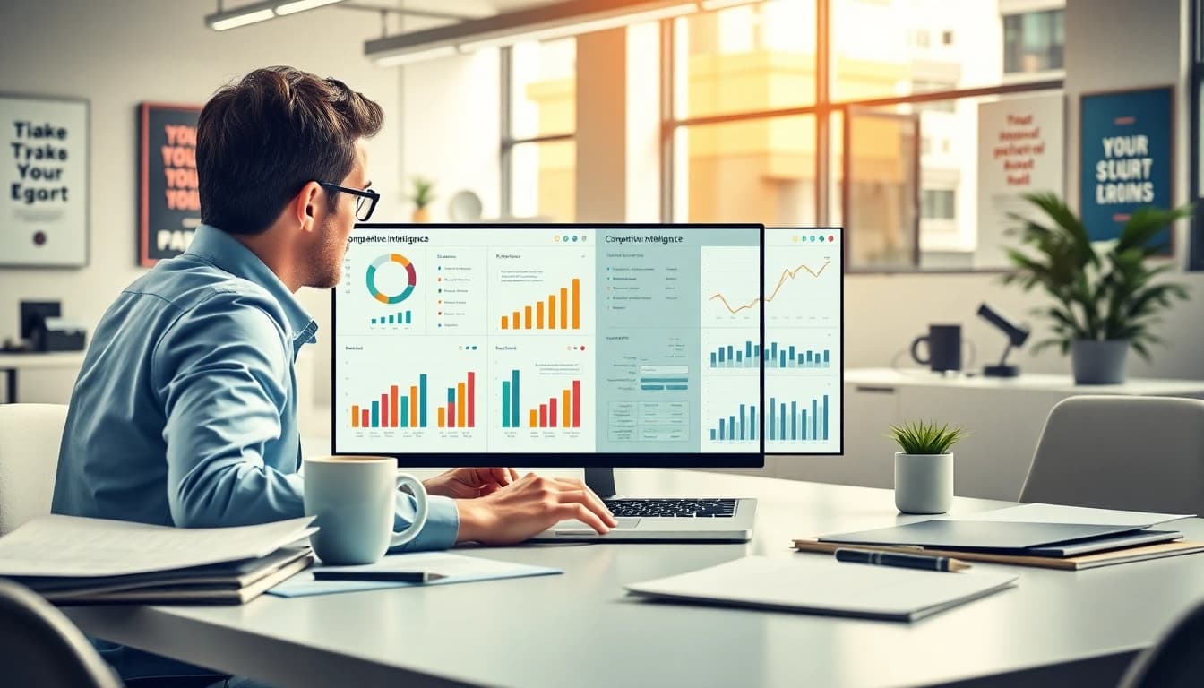 Analyze competitive intelligence faqs in a vibrant office setting with charts and technologies.
