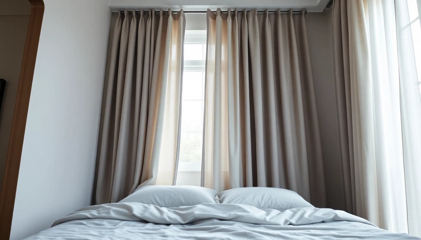 Verduisterende gordijnen die een stijlvolle slaapkamer transformeren en licht filteren.
