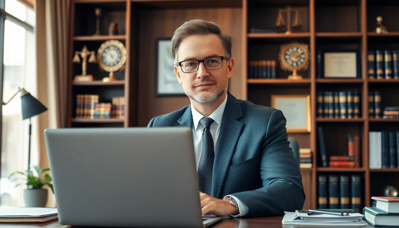 Clearwater truck accident attorney consulting in a modern office with legal materials around.