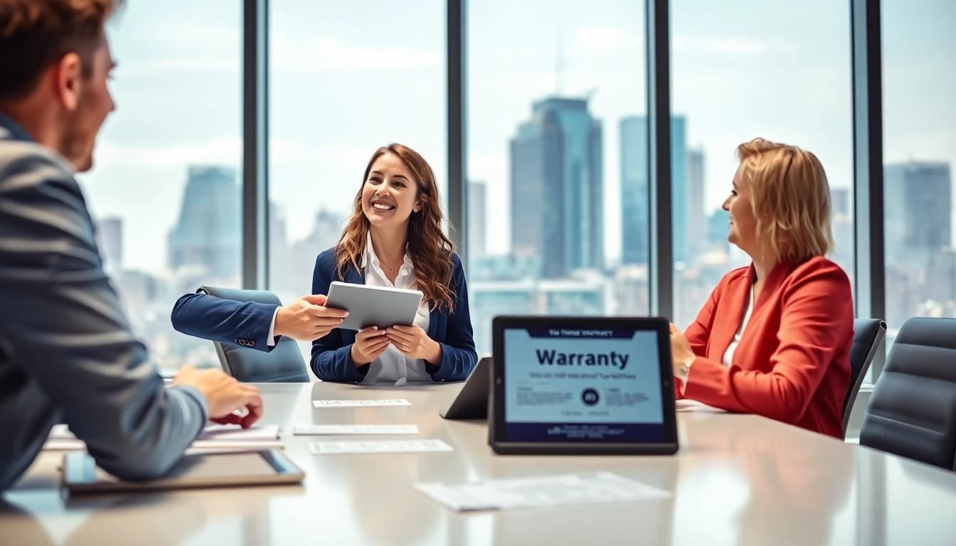 Engaging representation of an extended warranty company assisting clients in an office environment.