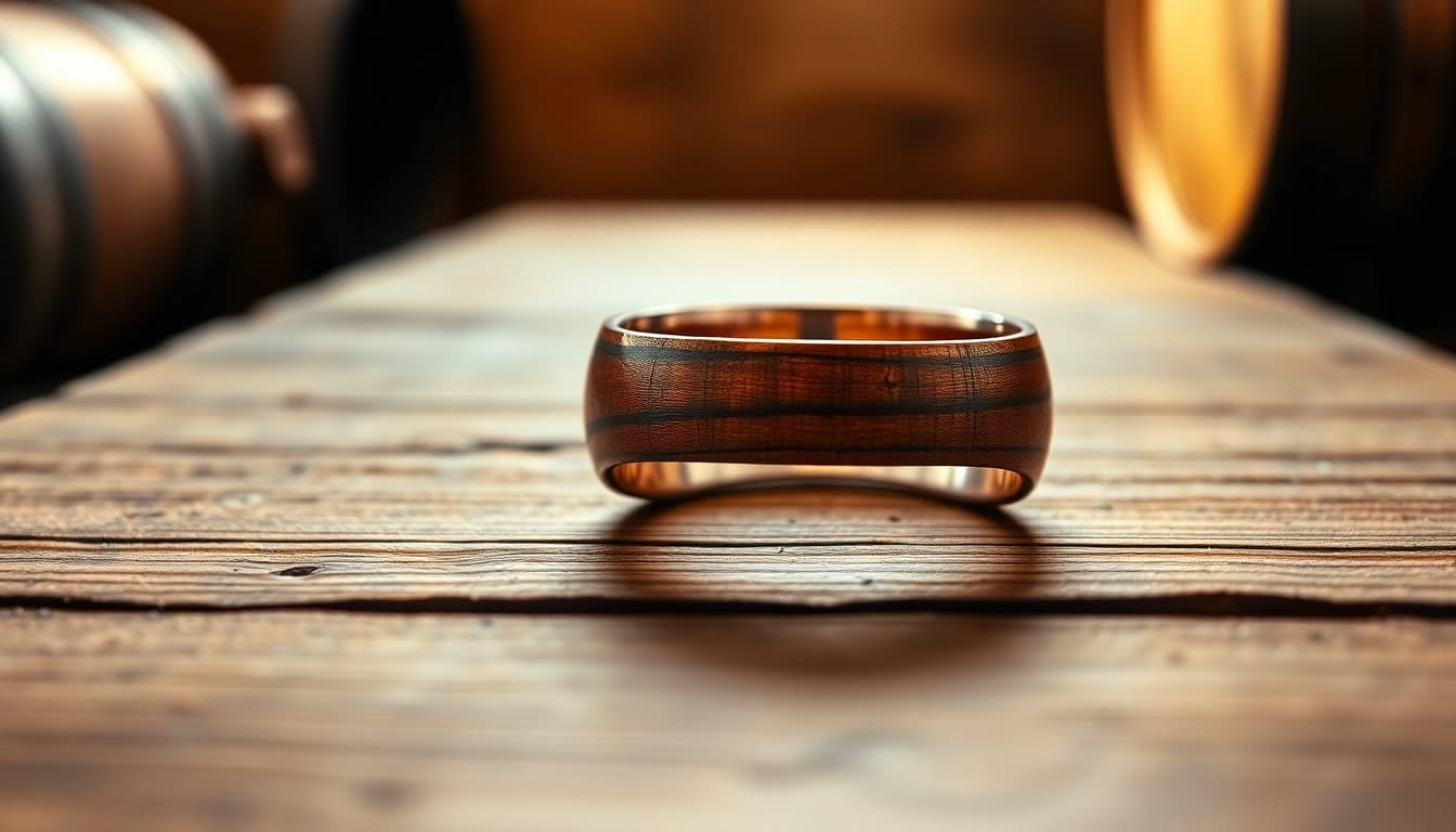 Showcase a Whiskey Barrel Wedding Band highlighting its unique wood grain and rustic charm on a wooden backdrop.