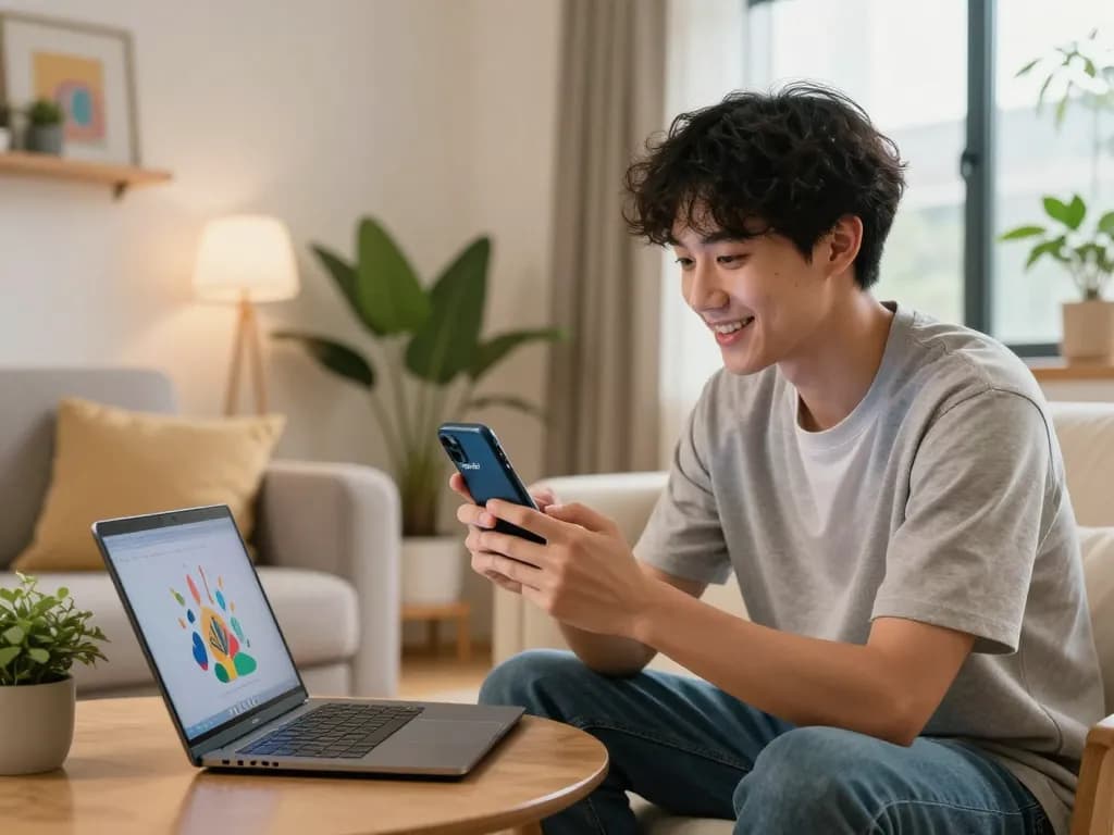 Engaging with spicychat AI chatbot in a modern living room, showcasing casual tech interaction.