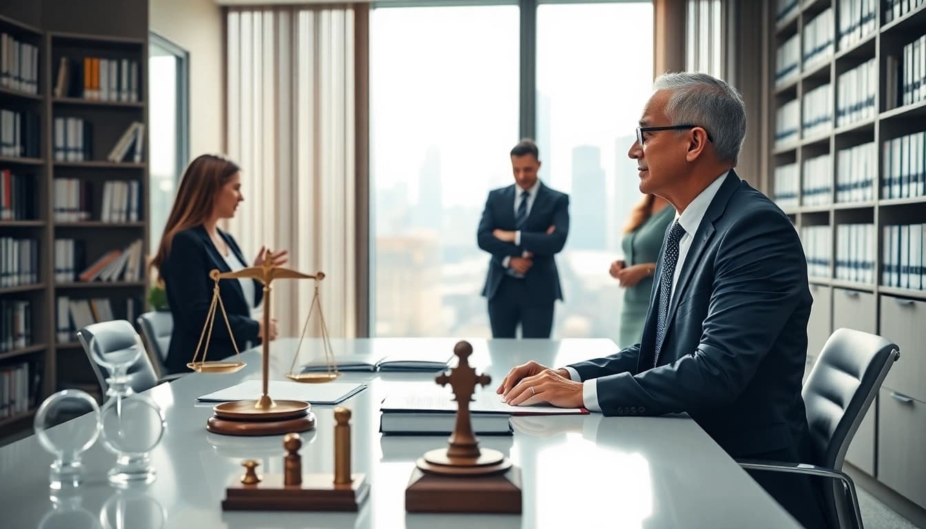 Engaging intellectual property lawyer collaborating with clients in a bright office.
