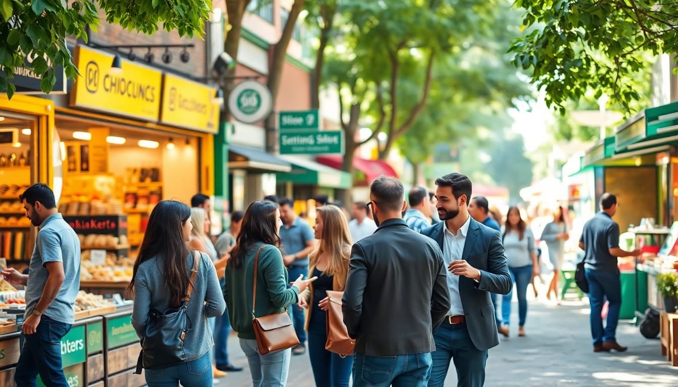 Illustration of professionals involved in small business jobs at a vibrant outdoor marketplace.