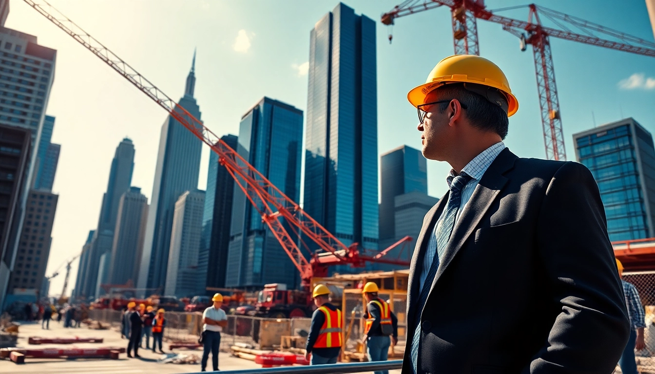 New York City Construction Manager supervising an active construction site with iconic NYC buildings.