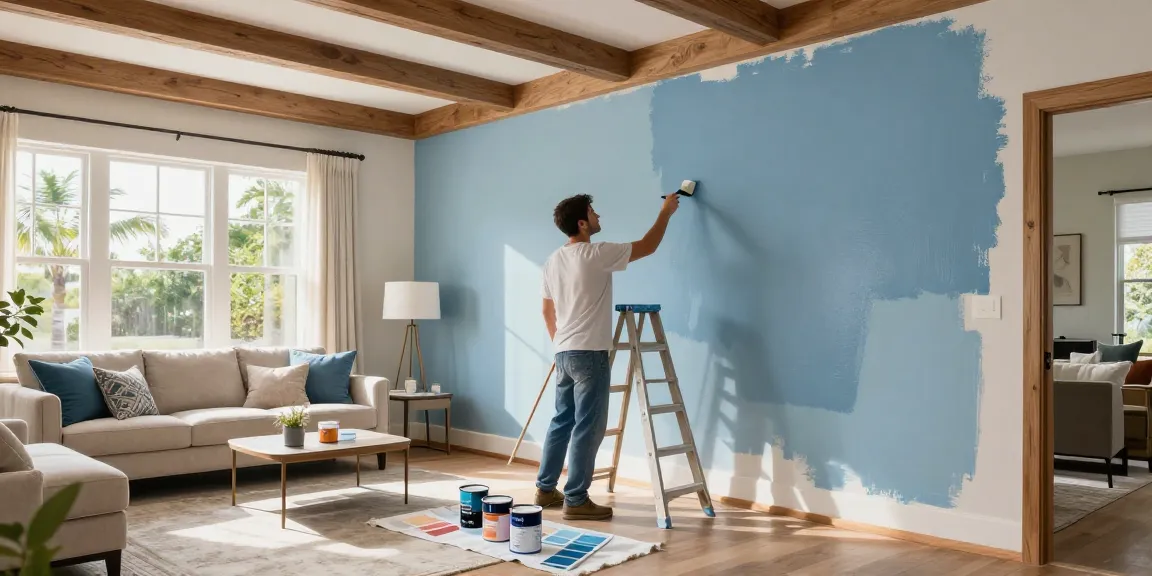 Interior painters Sarasota County FL performing quality paint application in a beautifully lit living room