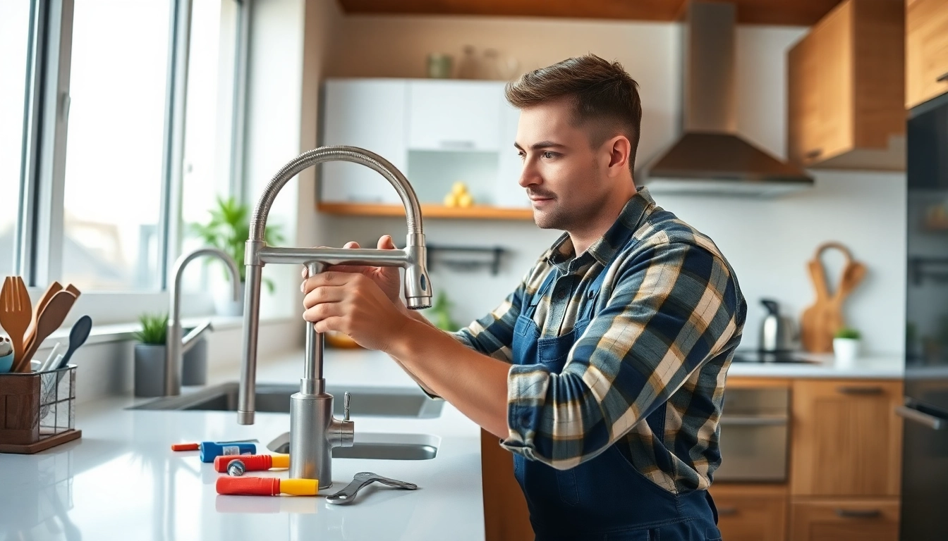 Hiring a plumber near me to fix a leaky faucet in a modern kitchen setup.