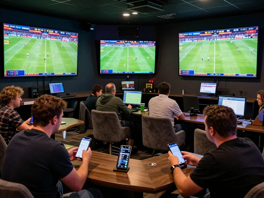Kèo nhà cái betting action in a lively sports lounge with excited patrons placing wagers on live games