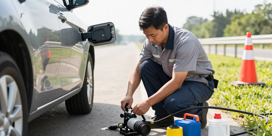 Drainage of contaminated fuel in a vehicle, showcasing contamination in fuel tank removal