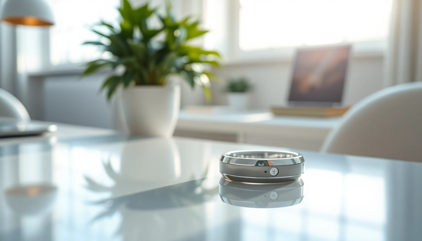 Showcasing a Smart Health Ring on a modern surface with sleek design and shiny texture.