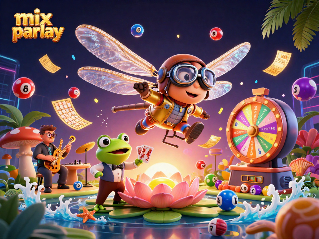 Engage in excitement with mix parlay at a vibrant lily pad casino featuring lively characters.