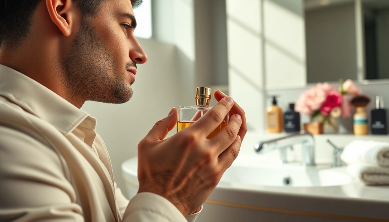 Experience the benefits of cologne through a stylish man applying his fragrance in an elegant setting.