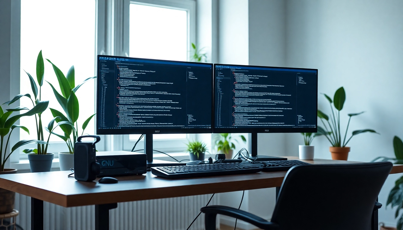 Developers engaging with GNU software in a modern workspace, highlighting a tech-savvy environment.