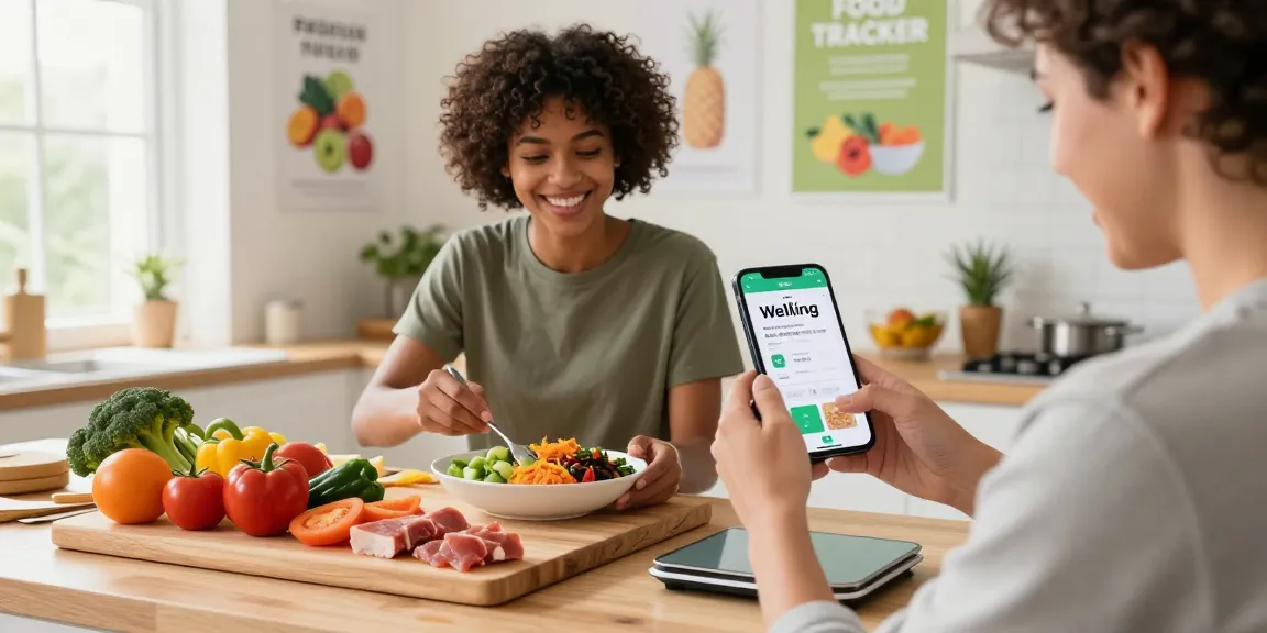 Using the best nutrition app to track healthy meals in a modern kitchen with fresh ingredients.