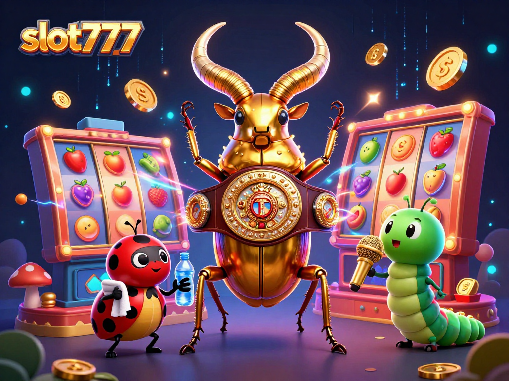 Spin the reels at slot777 with a thrilling illustration of a giant golden stag beetle boasting a champion belt amidst slot machine excitement.