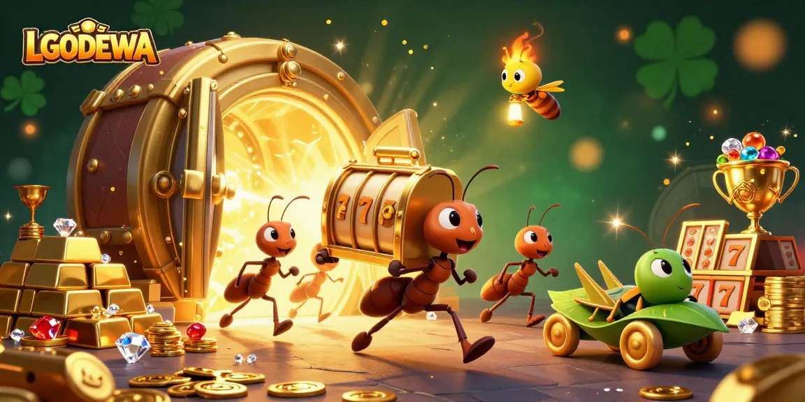 Engaging illustration of LGODEWA showcasing ants heisting a giant slot machine with sparkling gems and gold.