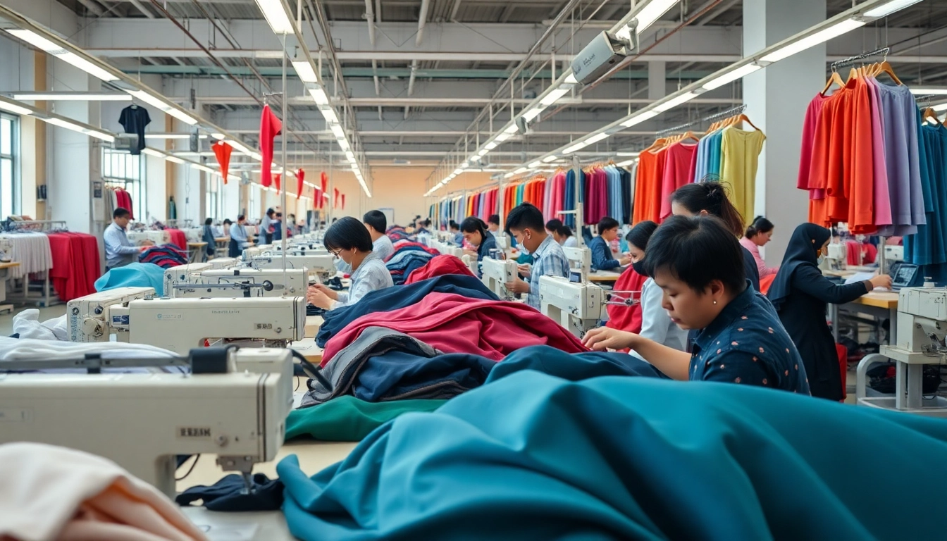 Workers engaged in Manufacturing Clothing in China at a busy textile factory.