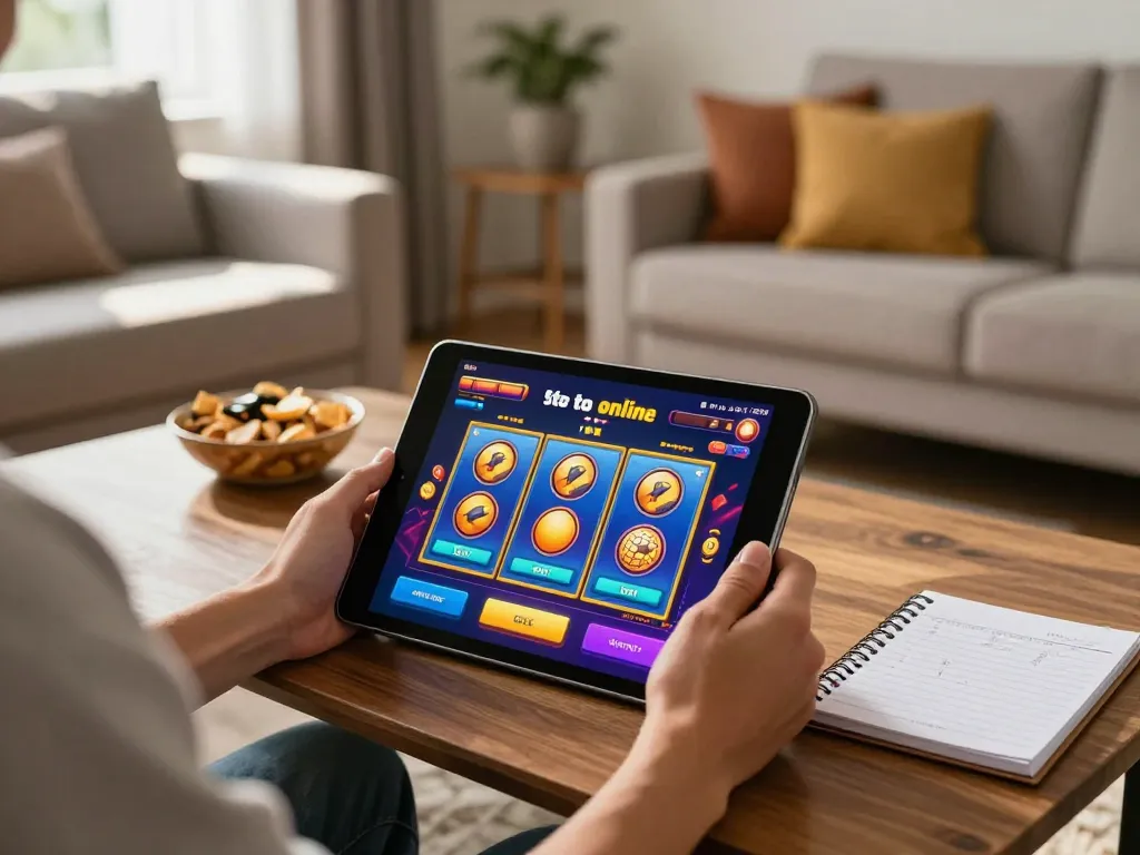 Engaging player at situs toto online slot game on a tablet in cozy home setting.