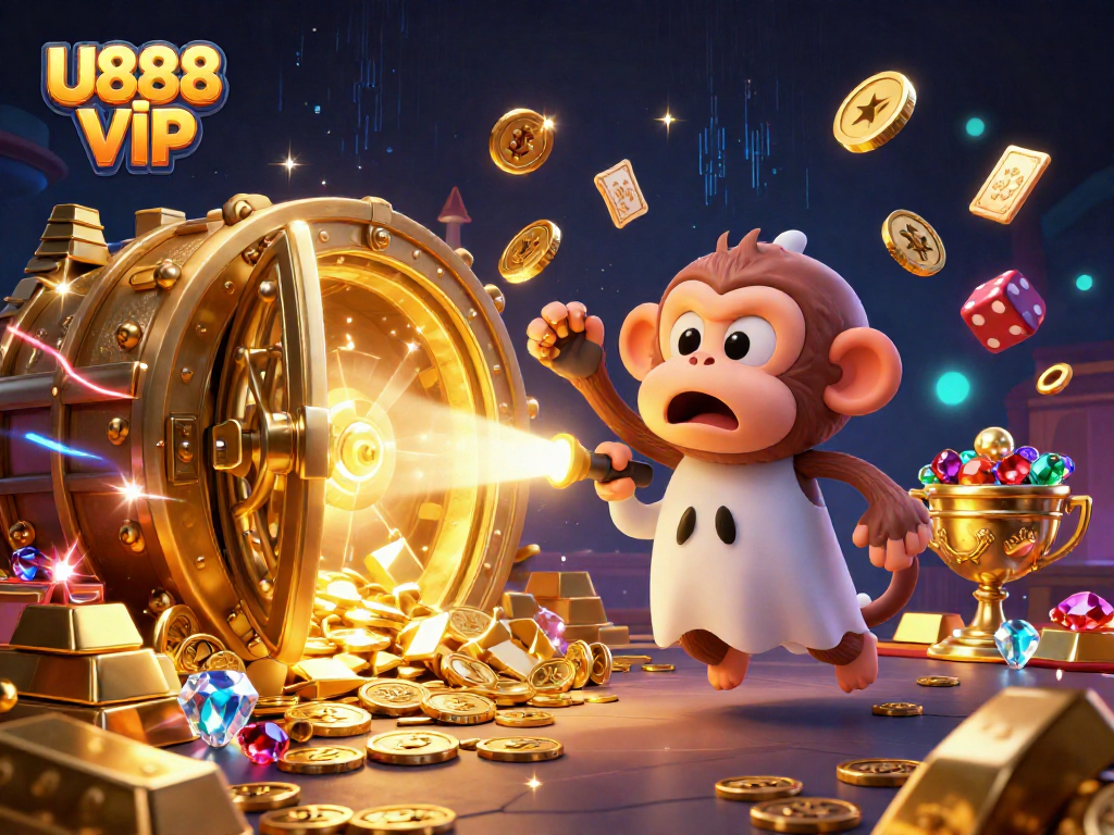 Engage in thrilling action at U888 VỊP with a playful monkey juggling golden casino treasures