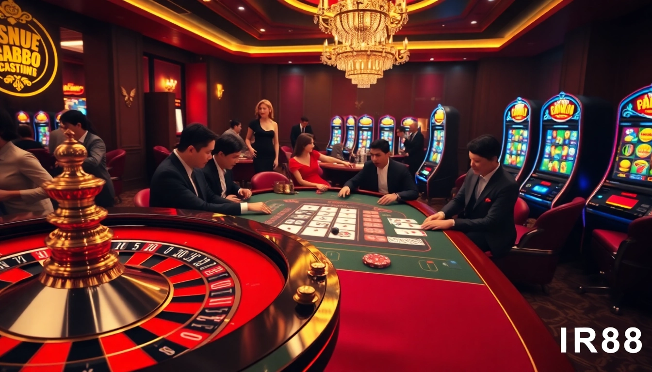 RR88 players enjoy an exhilarating moment at a dynamic casino table with vibrant gaming elements.