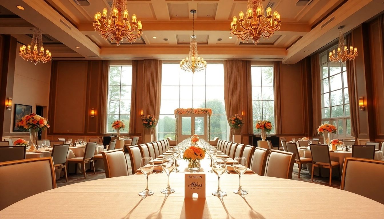 Das almas event center zeigt einen festlich dekorierten Empfangsbereich mit eleganten Tischarrangements.