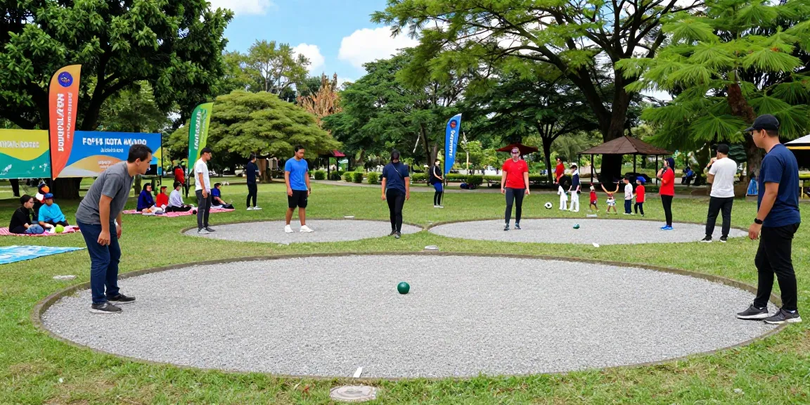 Suasana turnamen pétanque FOPI Kota Manado di taman, tim bersaing dengan semangat.