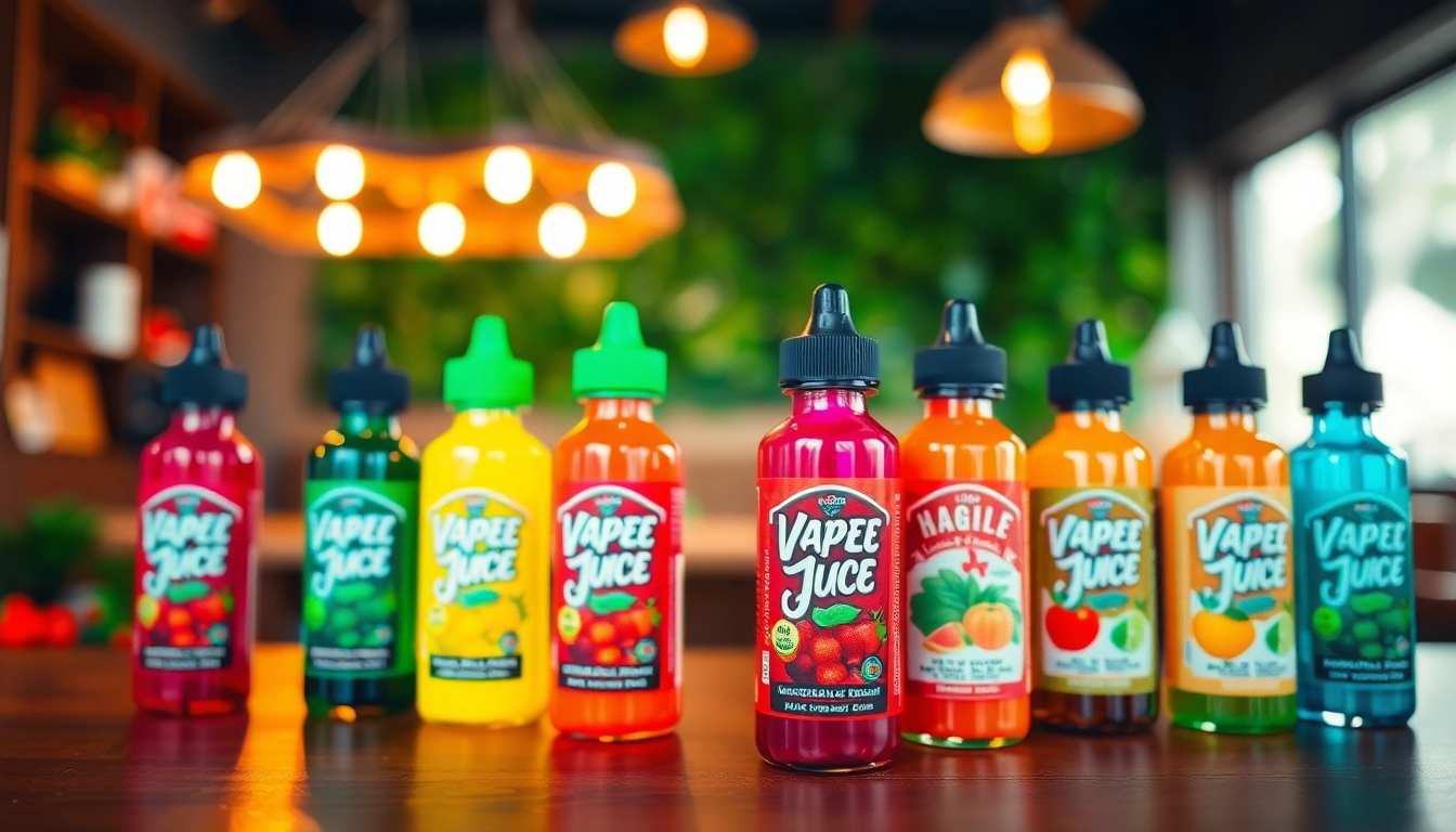 Showcasing vibrant Vape Juice flavors in an inviting café setting with artistic lighting.
