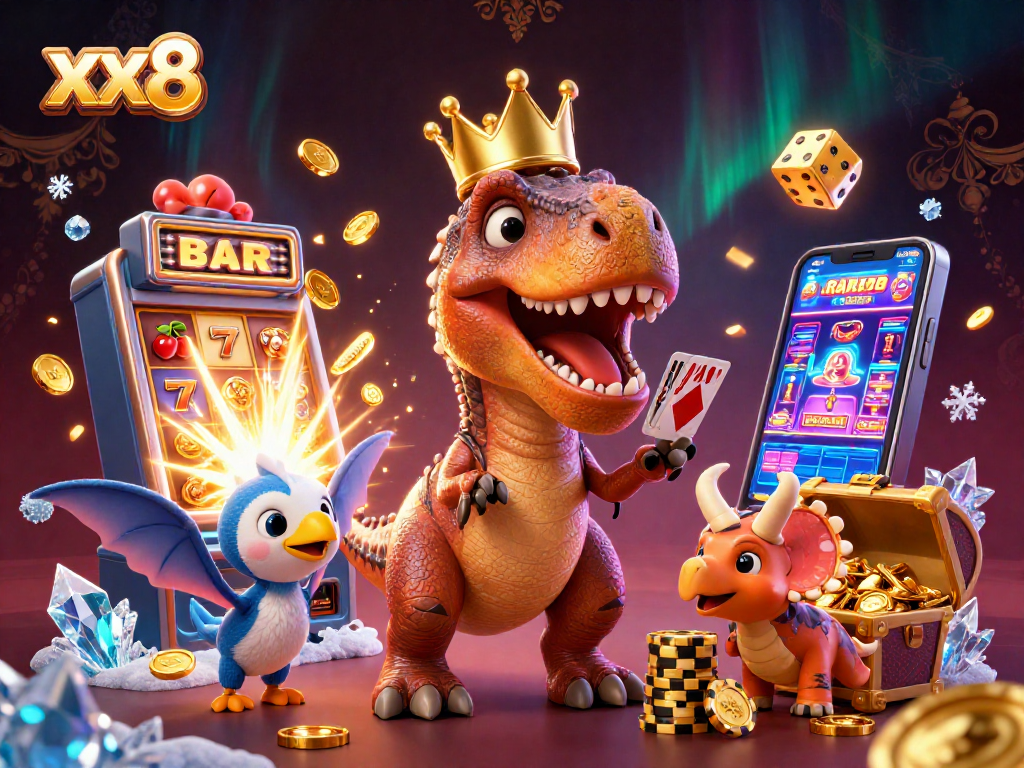 Experience exciting gameplay at xx8 with a T-Rex shuffling cards and a slot machine bursting with coins.