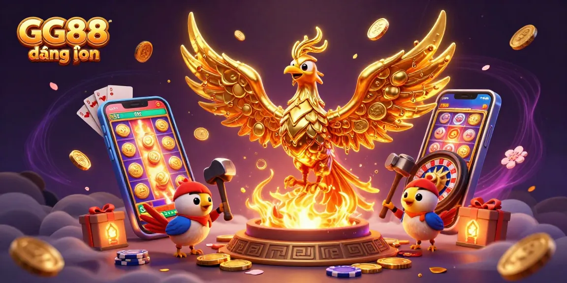 Experience GG88 đăng nhập with golden phoenix, coins, and vibrant casino elements in action-packed scene.