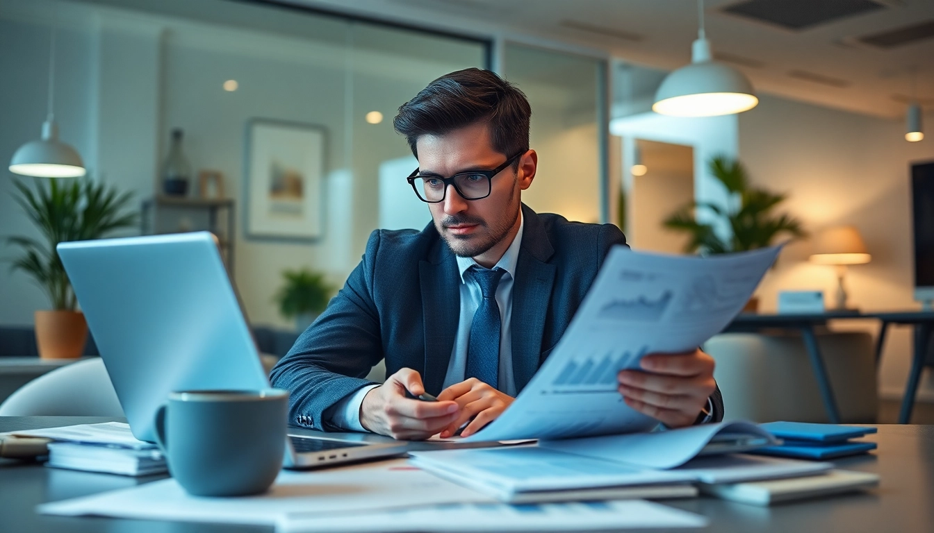 Superfund accountant analyzing financial documents in a modern office setting.