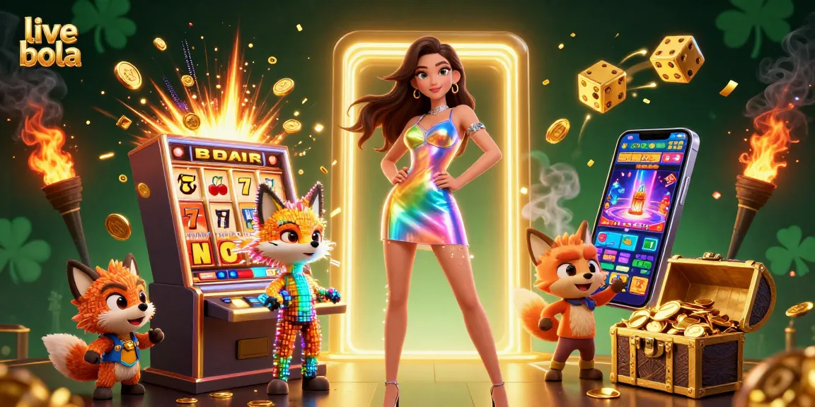 Experience live bola action in a vibrant 3D illustration featuring a dynamic array of casino elements.